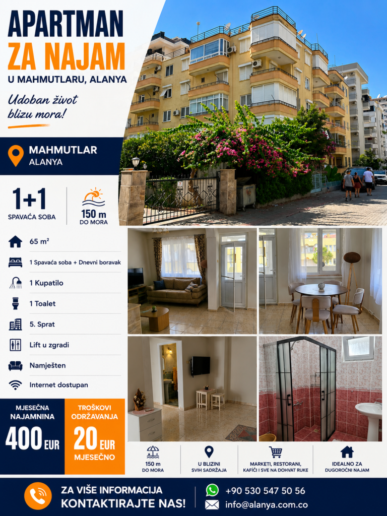 Namješten stan za dugoročni najam u Mahmutlaru, Alanya – Samo 150 m od mora
