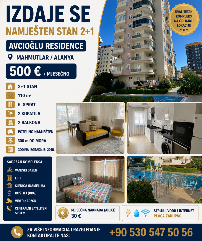 IZDAJE SE Namješten stan 2+1Mahmutlar / Alanya