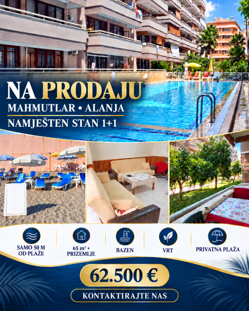 Prodaje se namješten stan 1+1 od 60 m² u Mahmutlaru, Alanja – 50 m od mora, 62.500 €
